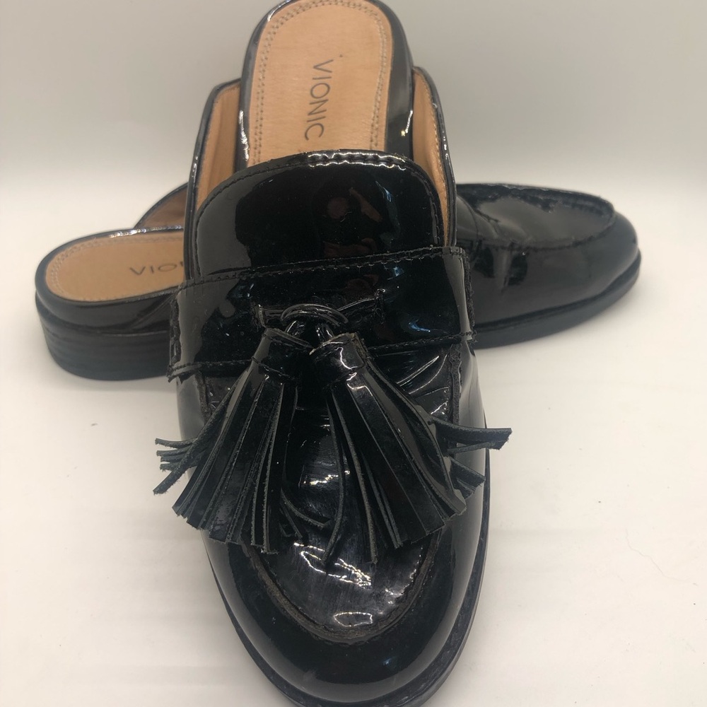 Vionic Reagan Black Patent Leather Tassel Loafers Slip On Mules - Picture 4 of 11